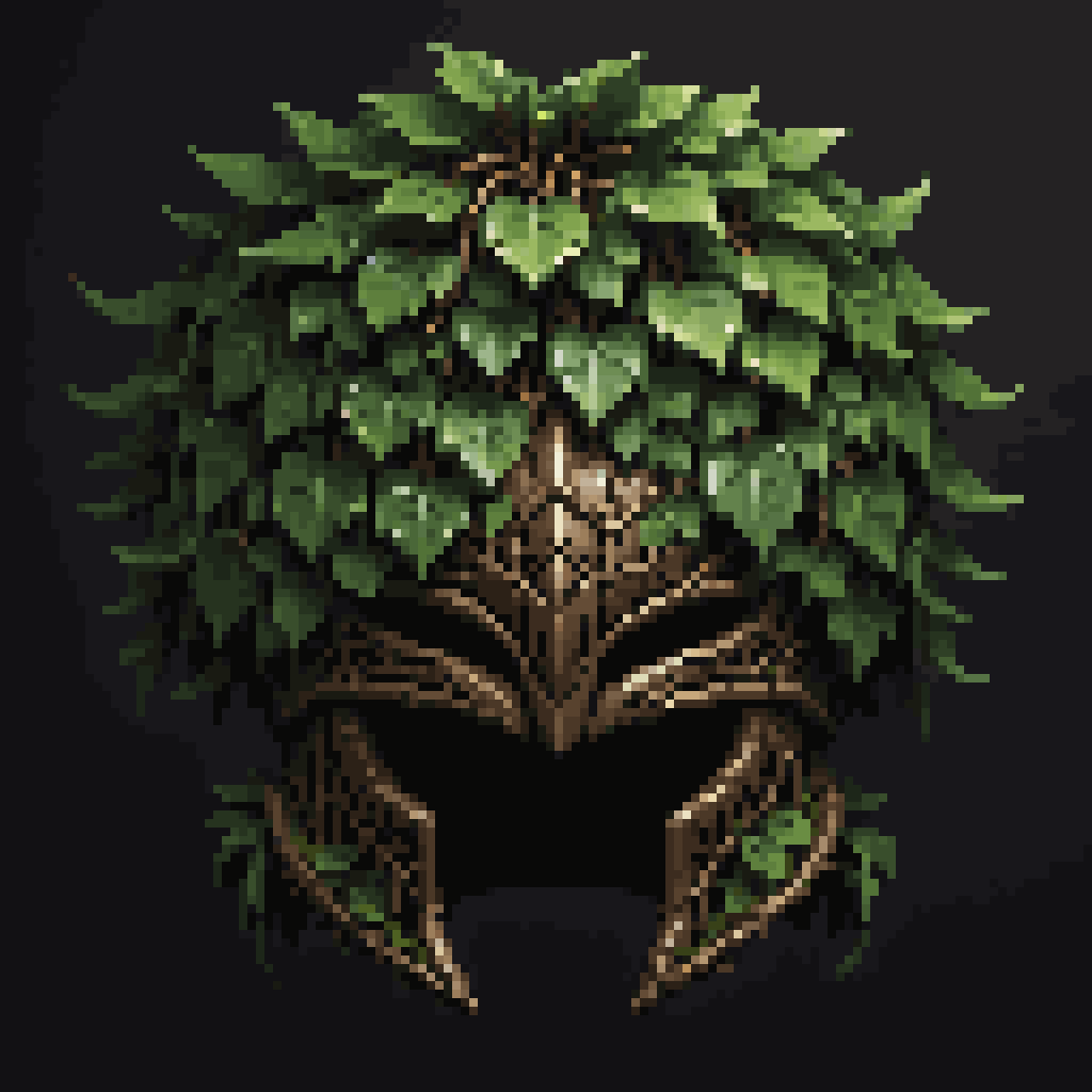 palettized-0262-3296201217-pixel art, cartoon illustration, front view of leaf helmet, made from vines and roots, nature, simple black background, game ico.png